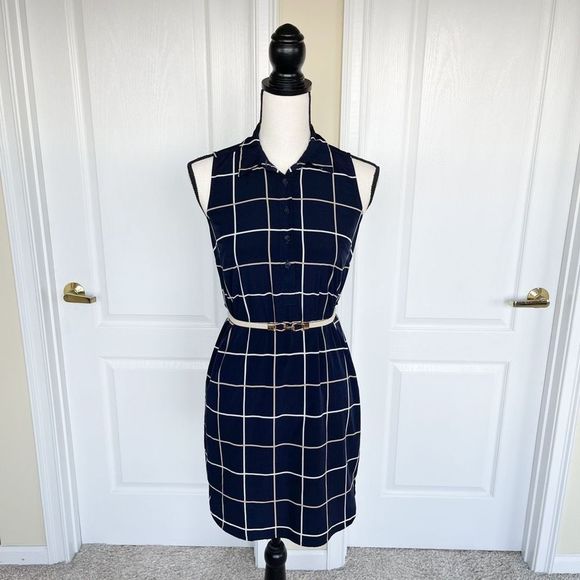 Ann Taylor XSP Extra Small Petite Checkered Navy Beige Contrast Collared Knee Le - Picture 1 of 12